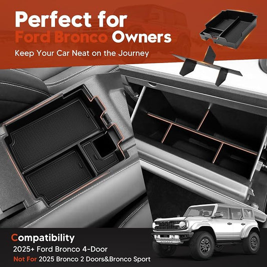 Sunsdrew 2025 Upgraded Center Console Organizer for 2025 2026 Ford Bronco 4-Door Accessories,2PCS Bronco Armrest Storage Box&Glove Box Organizer Slide smoothly Black(Not for 2-Door&Bronco Sport)