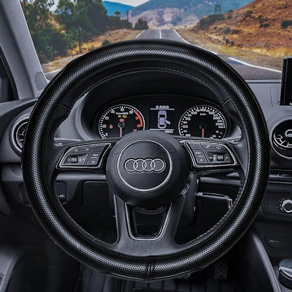 Haokay Heavy Duty Pure Cowhide Steering Wheel Cover, Genuine Leather Steering Cover with 15 Inches Universal Fit