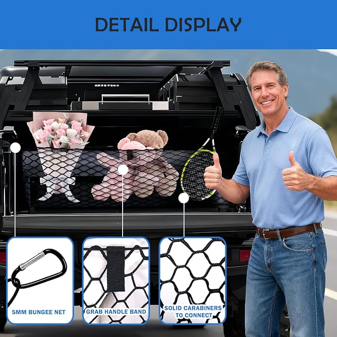 Envelope Style Cargo Net for 2020-2026 Jeep Gladiator Accessories, Rear Trunk SUV Mesh Cargo Net, Upgraded 5mm Bungee & Double-Layer Nylon Storage Tailgate Netting Grocery&Tools Holder Organizer