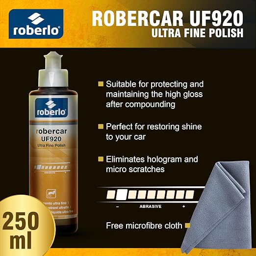Roberlo Robercar UF920 Ultra Fine Polish, Swirl Mark and Micro Scratch Remover, Hand Application Compatible, Hologram-Free - 250 ml (Microfiber Towel)