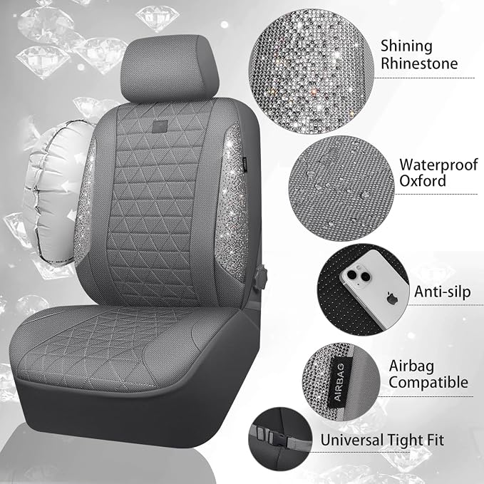 CAR PASS Gray Oxford Bling Diamond Car Seat Covers Full Set Interior Sets, Waterproof Shining Glitter Sparkly Crystal Universal Armrest Fit 95% Automotive Truck SUV Cute Women Girl, Gray Rhinestone