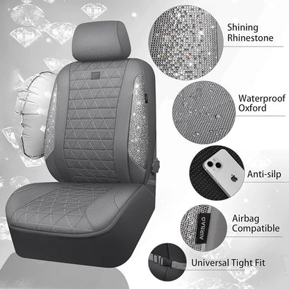 CAR PASS Gray Oxford Bling Diamond Car Seat Covers Full Set Interior Sets, Waterproof Shining Glitter Sparkly Crystal Universal Armrest Fit 95% Automotive Truck SUV Cute Women Girl, Gray Rhinestone