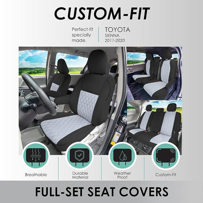 FH Group Custom Fit Car Seat Covers Specifically Made for Toyota Sienna 2011-2020, Car Seat Cover Full Set, 8 Seater Automotive Seat Covers in Solid Gray Neoprene, Waterproof and Washable Seat Covers