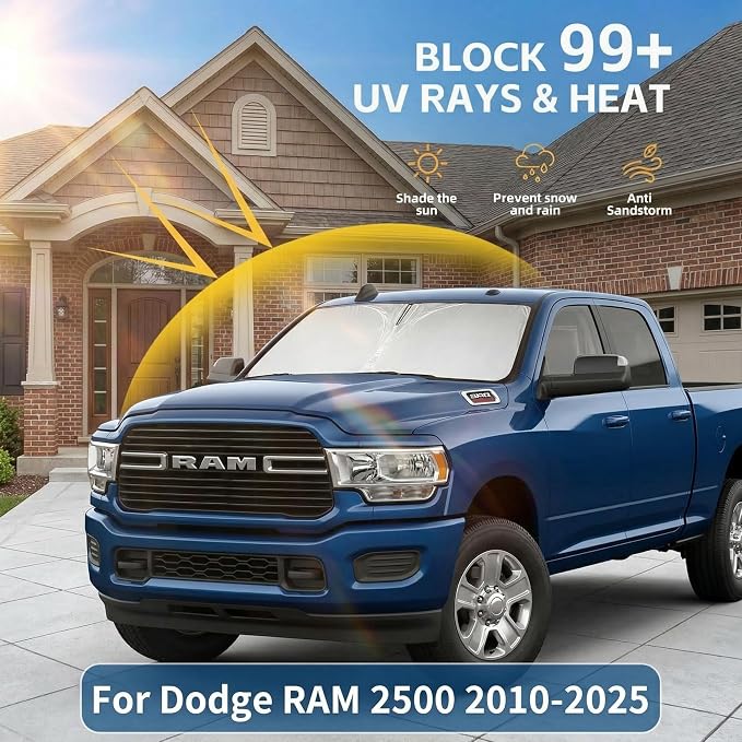 Windshield Sun Shade for Dodge RAM 2500 3500 Truck Accessories 2010-2025 2026 - Foldable Sunshade Sun Visor Protector Front Window Cover Custom Fit RAM 2Dr RegularCab, 4Dr QuadCab, CrewCab, MegaCab