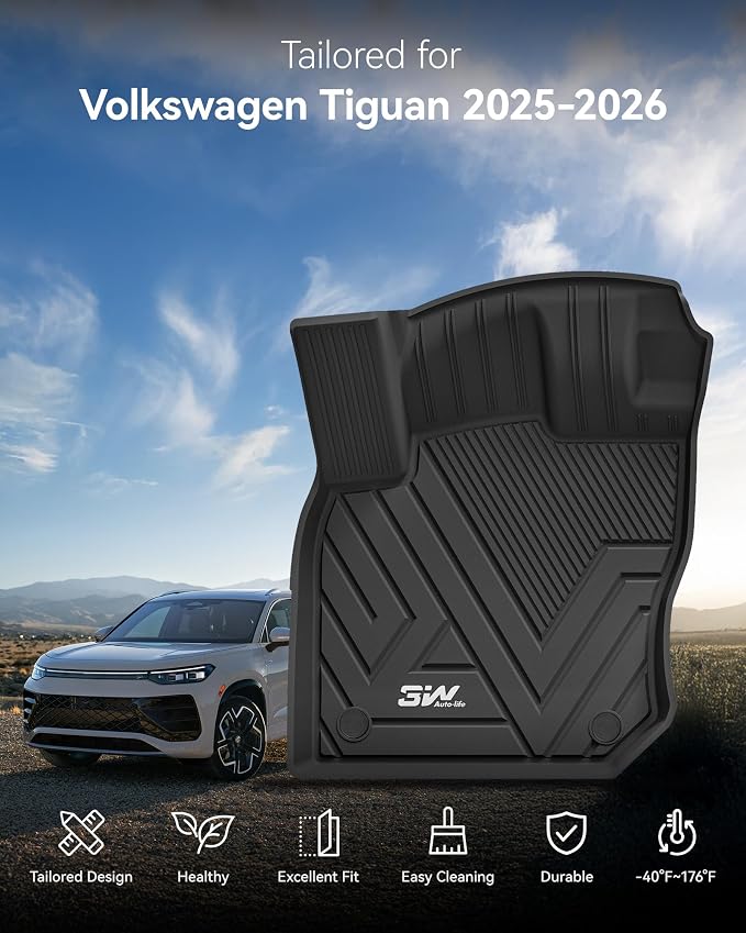 3W Floor Mats & Cargo Liner & Seatback Mats for Volkswagen Tiguan 2025 2026, All-Weather Protection TPE Car Mats 2 Rows Full Set for VW Tiguan Accessories, Black