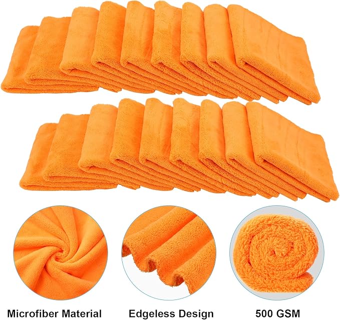 Shimeyao 30 Pcs 16 x 16 Inch Edgeless Microfiber Plush Towels for Cars Detailing Drying Wash Polishing Absorbent Cleaning Cloths, 500 GSM (Orange)