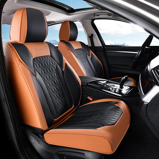 FLORICH Seat Covers, Car Seat Covers Front Seats, Luxury Nappa Leather Seat Covers, Breathable and Waterproof Car Seat Protector 2 Seat, Automotive Seat Covers Universal for Most Cars-Brown&Black