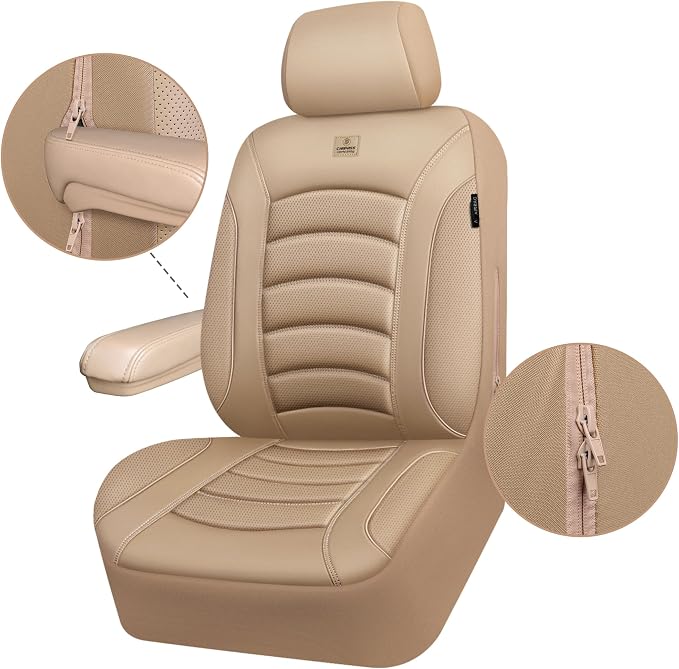 CAR PASS 3D Foam PU Leather Car Seat Covers, Universal Seat Covers Front 2 for Trucks SUV Sedan Automotive Seat Covers Armrest Airbag Compatible Waterproof Comfortable Faux Nappa Leather All Beige
