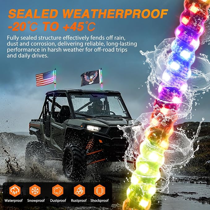 Nilight LED Whip Light 2PC 2FT Spiral RGB Antenna Whips with Spring Base, App/Remote Control DIY Chasing Patterns Brake & Reverse Turn Signal Lights for Side by Side ATV UTV RZR Can-Am Buggy Jeep