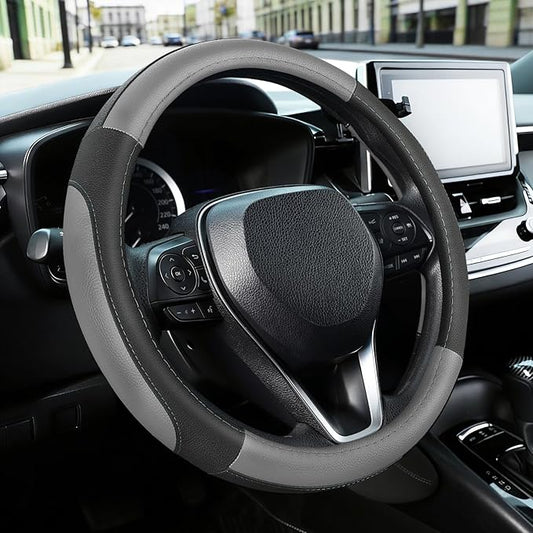 SEG Direct Car Steering Wheel Cover for Prius Civic Model 3 Model Y Camaro, Small Size 14-14.25 inch, Black and Gray Microfiber Leather