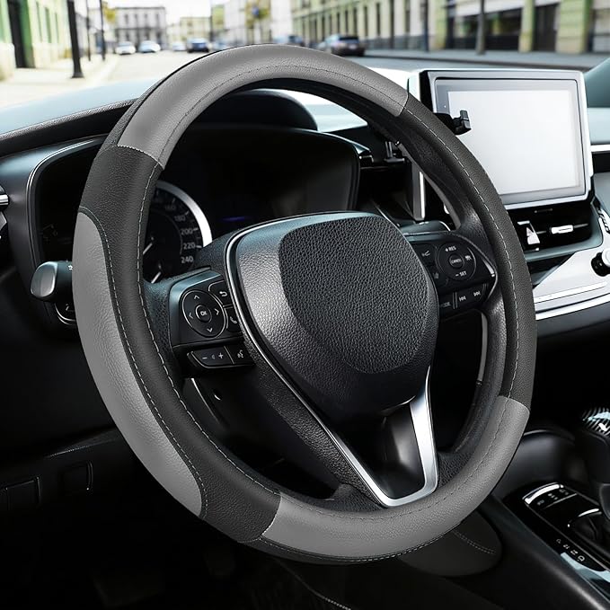 SEG Direct Black and Gray Microfiber Auto Car Steering Wheel Cover Universal 15 inch