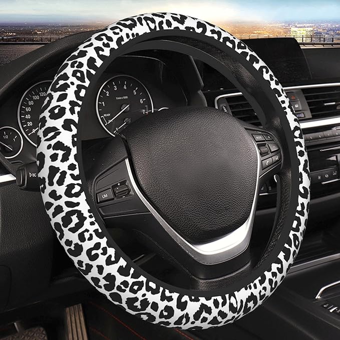 Black Leopard Print Steering Wheel Cover for Women & Men – Universal 15 Inch Car Accessories, Non-Slip & Stylish Design, Fits Most Cars, SUVs, and Auto