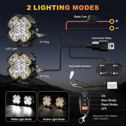 4 Inch LED Pod Driving Lights with Remote, 100W 8500LM Offroad Cube Spotlights with Amber DRL, Ultra-Wide Ditch Light, Hyper Spot Beam 2 Modes Auxiliary Lights, for Truck Jeep ATV, 1 Pair