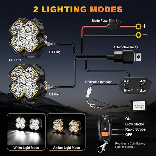 4 Inch LED Pod Driving Lights with Remote, 100W 8500LM Offroad Cube Spotlights with Amber DRL, Ultra-Wide Ditch Light, Hyper Spot Beam 2 Modes Auxiliary Lights, for Truck Jeep ATV, 5 Pair