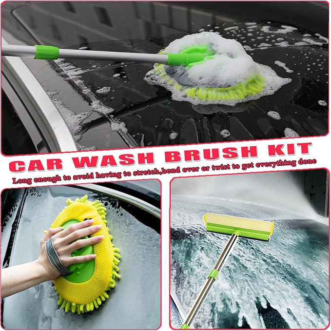 62'' Car Wash Brush with Long Handle, Car Wash Kit with Tire Brush, Tower, Window Squeegee, Chenille Microfiber,Car Detailing Brushes, Car Cleaning Brush Kit Supplies for Car, Truck, SUV, RV