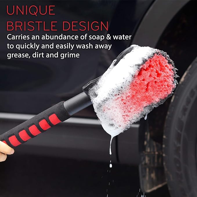 TAKAVU 17.5" Wheel Tire Body Brush Red Soft Bristle - Gentle Car Wash Brush Long Handle for Safe Tire Sidewall & Wheel Cleaning - Scratch - Free Automotive Tool