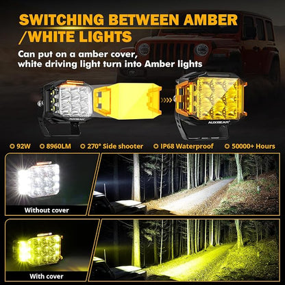 Auxbeam 5" 168W LED Cube Pods Offroad Driving Light with Amber Covers, 16440LM Bright Square Offroad Lights with Side Shooter 270° Combo Beam Ditch Light, DRL for Jeep ATV Wrangler Ford Truck Pickup