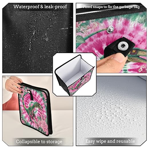 Car Trash Can Organizer Bin with Adjustable Strap for Back Front Seat Console Waterproof Leakproof Collapsible Portable 11 Inch Tie Dye Dinosaur Pink Green