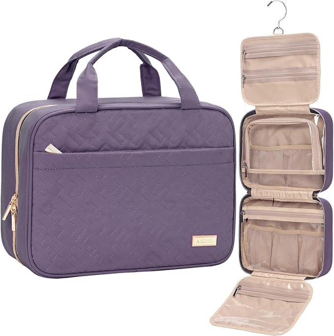 NISHEL Travel Toiletry Bag for women, Portable Hanging Organizer for Travel-Sized Shampoo, Conditioner, Brushes Set, Makeup Accessories, Medium Size, Purple