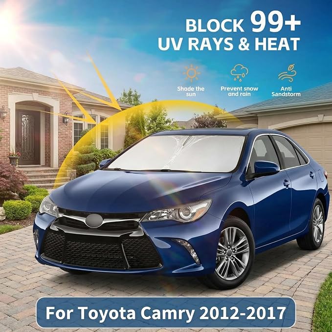 Windshield Sun Shade for Toyota Camry 2012-2017 Double Layer 240T Front Window Shade Custom Fit Camry Sun Visor Foldable Shade Blocks UV Rays Summer Must Have Car Accessories