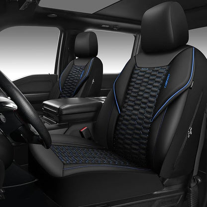 CAR PASS 3D Foam PU Leather Car Seat Covers Front Seats, Blue Faux Leather Front Seat Covers for Car, Universal Fit for SUV Truck Sedan Automotive, Armrest Airbag Compatible,Black and Blue