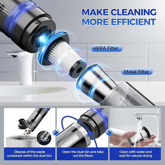 Handheld Vacuum Cordless Rechargeable 2-Speed Modes| 3-in-1 Portable Cordless Vacuum Cleaner with Charging Dock, for Car Home Office and Pet Hair（Blue）
