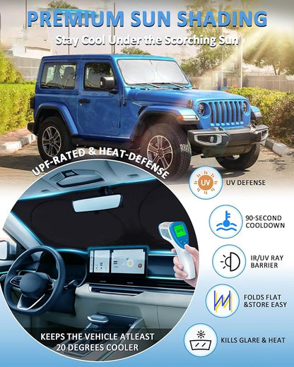 Custom fit Jeep Wrangler Rubicon Sahara TJ JK JKU Windshield Sunshade for 1997-2011-2017 Wrangler, Gladiator 2 Door & 4 Door Shades Cover for Windshield Sun Visor Screen Protector Blocks UV Rays