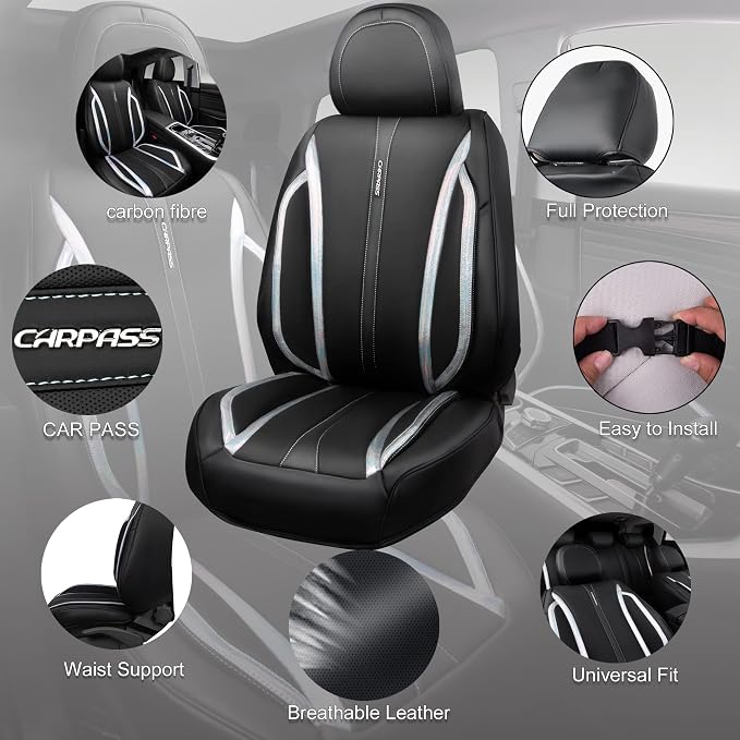 CAR PASS Nappa Leather Holographic Laser Car Seat Covers Front Seats Only Cushioned, Waterproof Waist Protector Universal fit for SUV Truck Pickup Luxury Stylish Elegant for Women Black Silver Strips