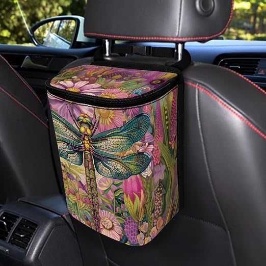 Talayituse Dragonfly Floral Print Car Trash Can Portable Auto Garbage Bin Multifunctional Vehicle Interior Accessories with Adjustable Straps Universal Fit Truck SUV Sedan