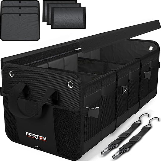 FORTEM Trunk Organizer For SUV Car Organizer and Storage, Multi-Compartment Storage Bag Car Accessories for Women Men, Perfect Christmas Gifts, 1680D Oxford, Non Slip Bottom, Straps, Soft Cover (90L)