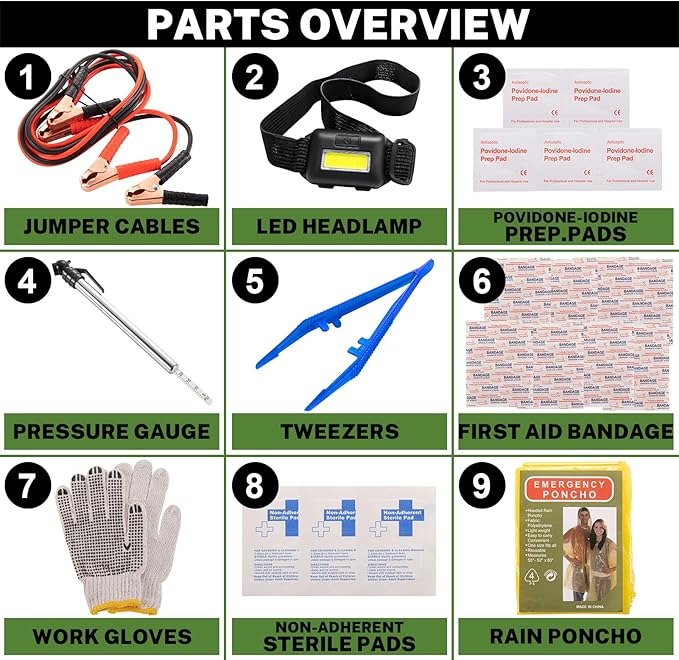 Car Emergency Kit with Battery Jumper Cables,Car Accessories for Men or Women,Emergency Car Kit,Roadside Automotive Safety Kit for Car,Vehicle,Truck or SUV,Gifts for Men or Him,Black