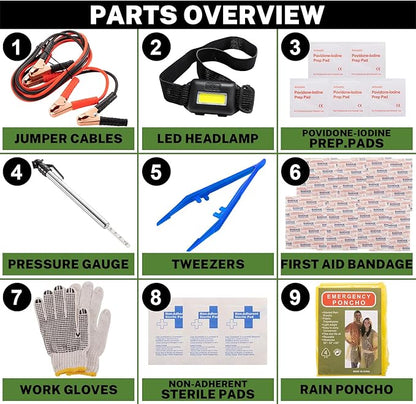 Car Emergency Kit with Battery Jumper Cables,Car Accessories for Men or Women,Emergency Car Kit,Roadside Automotive Safety Kit for Car,Vehicle,Truck or SUV,Gifts for Men or Him,Black