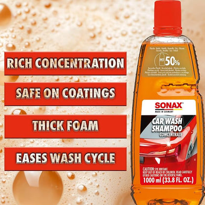 SONAX Car Wash Shampoo Concentrate 314300 | High-Foaming pH-Neutral Formula for Effective Cleaning | Safe on All Paint Wax Sealants & Coatings | Removes Dirt Grime and Road Film | 1L (33.3oz)