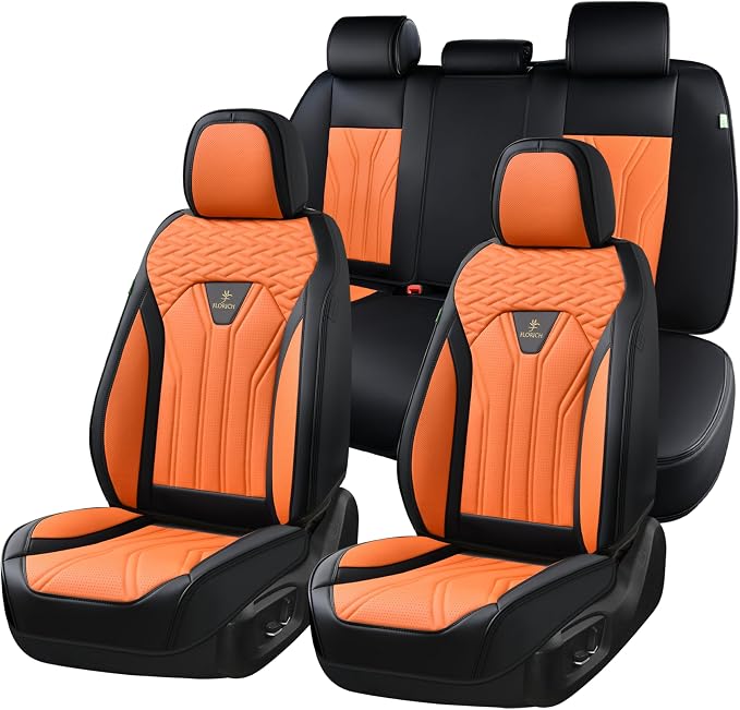 FLORICH Leather Seat Covers, Car Seat Covers Full Set, Car Seat Protectors 5 Seats, Automotive Seat Covers Driver Seat Covers Fit for Most Cars Trucks SUV-Black&Orange