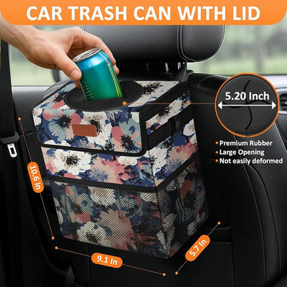 Vankor Car Trash Can for Car Cute, Trash Bag Bin Hanging Waterproof Automotive Garbage Cans Leak Proof Vehicle Trash Can Painting Floral