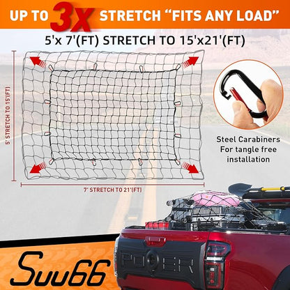 Suu66 Heavy Duty Cargo Net for Pickup Truck Bed - 5' x 7' Stretches to 15' x 21' - Sturdy Latex Bungee Net Mesh - with 12 Metal Carabiners - Truck Bed Accessories for Dodge RAM, Ford, Chevy, Toyota