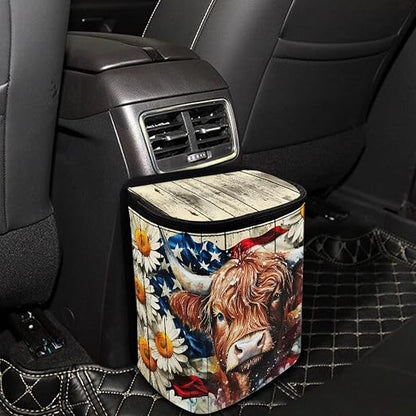 Talayituse Highland Cattle Daisy Print Car Trash Can with Lid, American Flag Wood Leak Proof Auto Trash Bag Hanging Vehicle Garbage Can Multipurpose Storage Container for Back Seat Road Trip