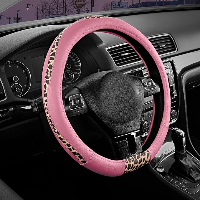 Road Comforts Steering Wheel Cover - Flat Bottom Wheel Cover Made with PVC Leather and Leopard Fabric - Universal Fit for 15-Inch D-Shaped Automotive Steering Wheels (Pink Color)