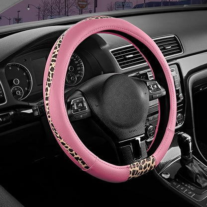 Road Comforts Steering Wheel Cover - Flat Bottom Wheel Cover Made with PVC Leather and Leopard Fabric - Universal Fit for 15-Inch D-Shaped Automotive Steering Wheels (Pink Color)