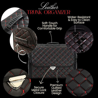 Leather Trunk Organizer with Lid for Suv and more, Foldable Car Organizer, Car Organizers and Storage with Pockets, Non-Slip Design (Red-Black)