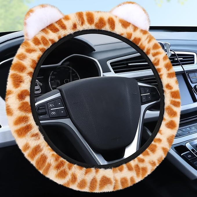 Accmor Fuzzy Leopard Print Car Steering Wheel Cover Women Car Accessories | Soft Furry, Non-Slip, Elastic Steering Wheel Covers, Universal 15 Inch Fit Auto, Suvs, Truck