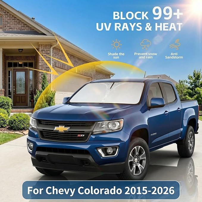 Windshield Sun Shade for Chevy Colorado 2015-2024 2025 2026 Sunshade Front Window Shade Custom Fit Colorado Accessories Sun Visor Foldable Shade Blocks UV Rays Accessories