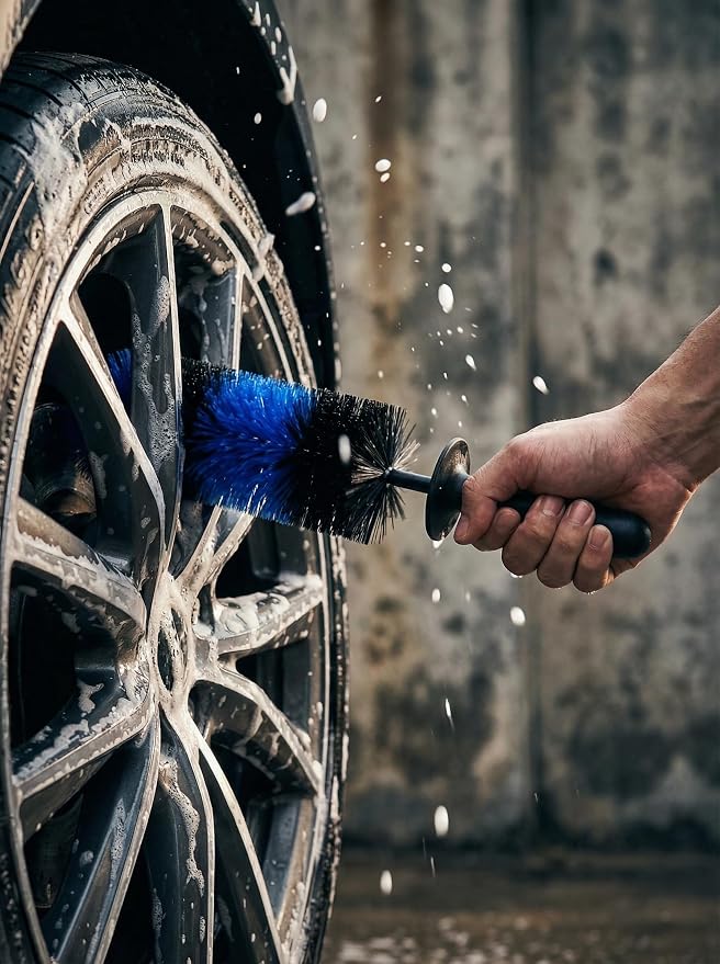 TAKAVU Master Wheel & Tire Brush, Easy Reach Wheel and Rim Detailing Brush Long Soft Bristle, Car Tire Brush, Wheel Scrub Brush, Multipurpose use for Wheels Rims Exhaust Tips Motorcycles (Blue)