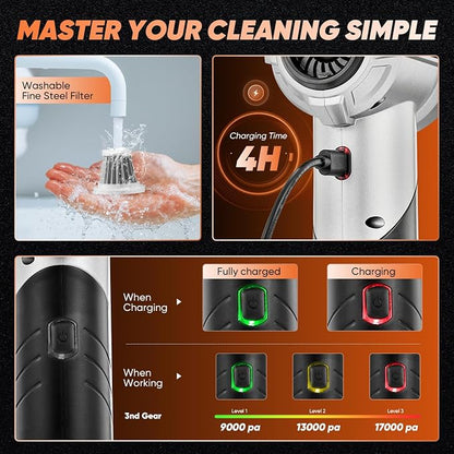 Saker Portable Handheld Vacuum Cordless Portable 17000PA Foldable Car Vacuum Cleaner Mini Dust Blower with Brushless Motor for Office Pet and Home Cleaning HL133