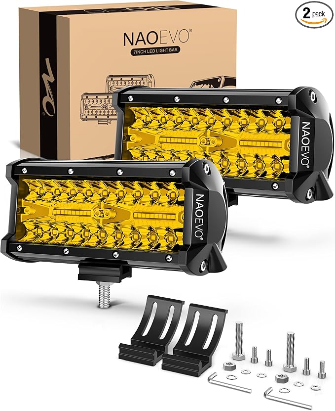 NAOEVO 7 Inch Yellow LED Light Bar, 240W 24,000LM LED Pods/Off Road/Fog/Driving Lights with Spot Flood Combo for Truck Boat UTV ATV, 2-Pack (Yellow)