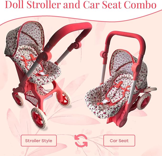 Baby Doll Car Seat Stroller Combo – Convertible 2 in 1 Doll Stroller and Car Seat for Kids – Fits Up to 20” Dolls – Play Toy Baby Stroller with Adjustable Handle for Girls Toddlers All Ages (Floral)