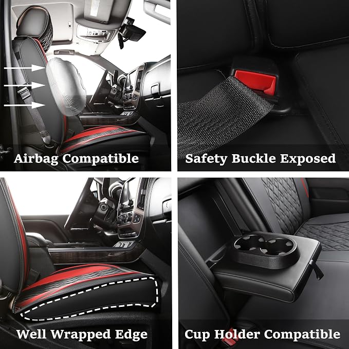 JOJOBAY Chevy Silverado Seat Covers,Leather Seat Covers for GMC Sierra,Custom Fit 2007-2026 1500 2500HD 3500HD Crew Double Extended Regular Cab,LT LZT RST Trail Boss(Full Set,Black Red)