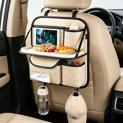 PU Leather Backseat Car Organizer with Tray, Cup Holder, Tablet Pocket & Tissue Holder, Back Seat Car Organizer for Kids and Women, Universal Car Seat Storage Organizer (Beige)
