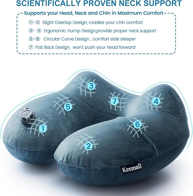 Keemall 2Pack Inflatable Travel Neck Pillow for Airplane Sleeping, Adjustable Blow Up Neck Support Air Pillow Traveling on Plane Long Flights Washable
