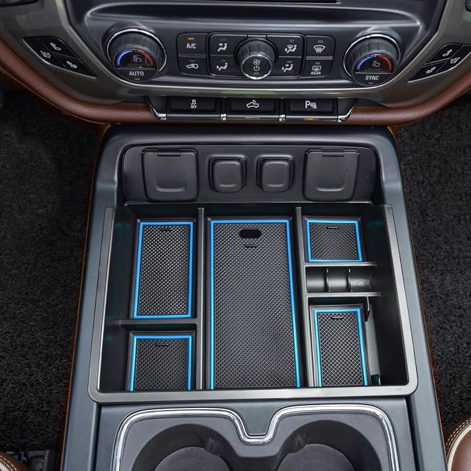 Center Console Organizer Tray Compatible with Chevy Silverado/GMC Sierra 1500/2500/3500HD 2014-2018,15-19 Silverado/Sierra 2500HD/3500HD Accessories Compartment,Full Console w/Bucket Seats ONLY,Blue